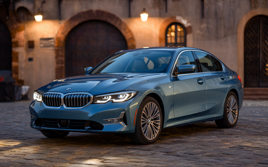 Vue latérale d'une BMW Série 3 berline de couleur gris métallisé