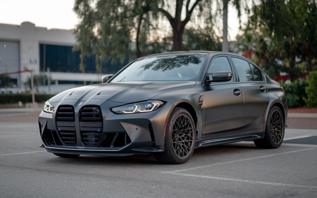 Vue latérale d'une BMW Série 3 Berline de couleur grise sur route