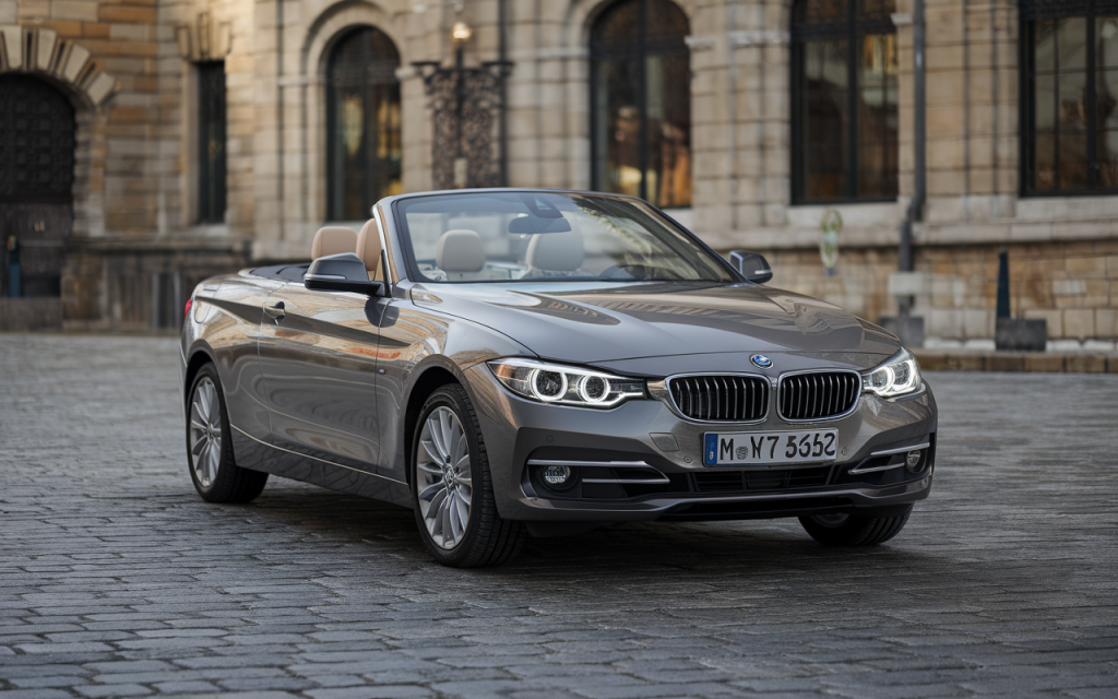 BMW Série 3 cabriolet de couleur grise garée sur la route