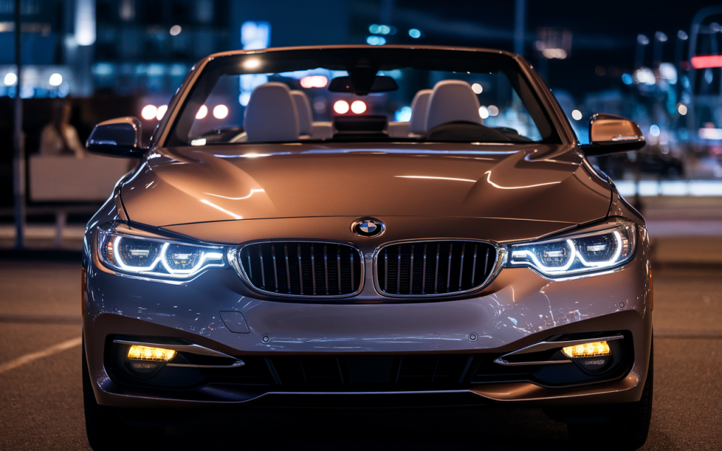 Vue de profil d'une BMW Série 3 cabriolet à l'arrêt sur une route panoramique