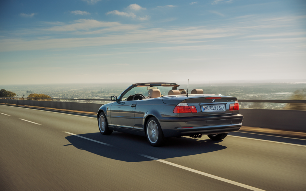 Vue latérale d'une BMW Série 3 Cabriolet décapotable sur route ensoleillée