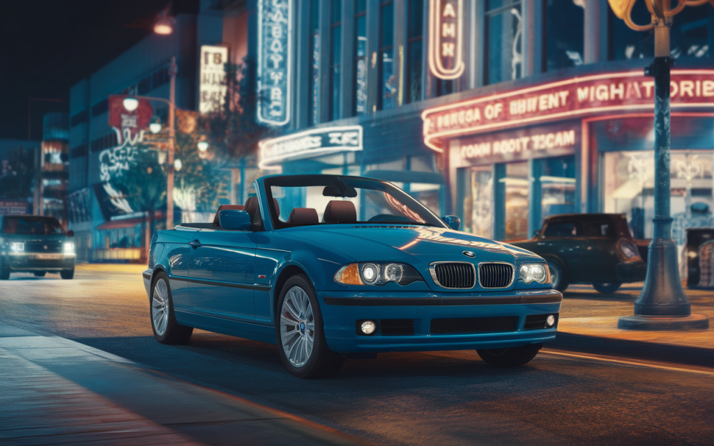 Vue latérale d'une BMW Série 3 Cabriolet décapotée sur une route panoramique