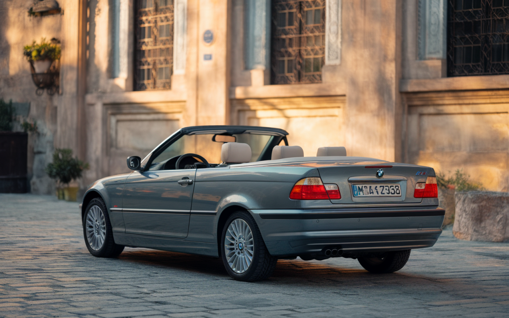 Vue latérale d'une BMW Série 3 décapotable sur une route ensoleillée