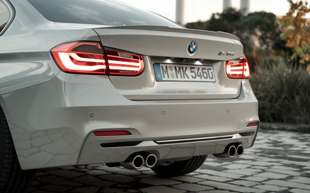 Vue latérale de la BMW Série 3 E90 noire sur route