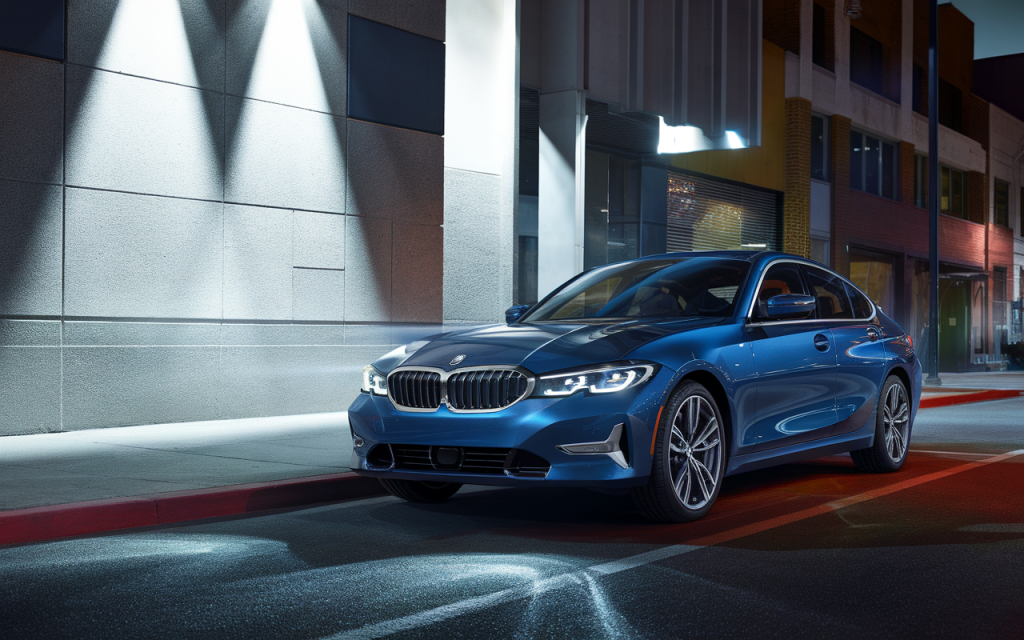 Vue latérale d'une BMW Série 3 GT de couleur noire sur route de campagne