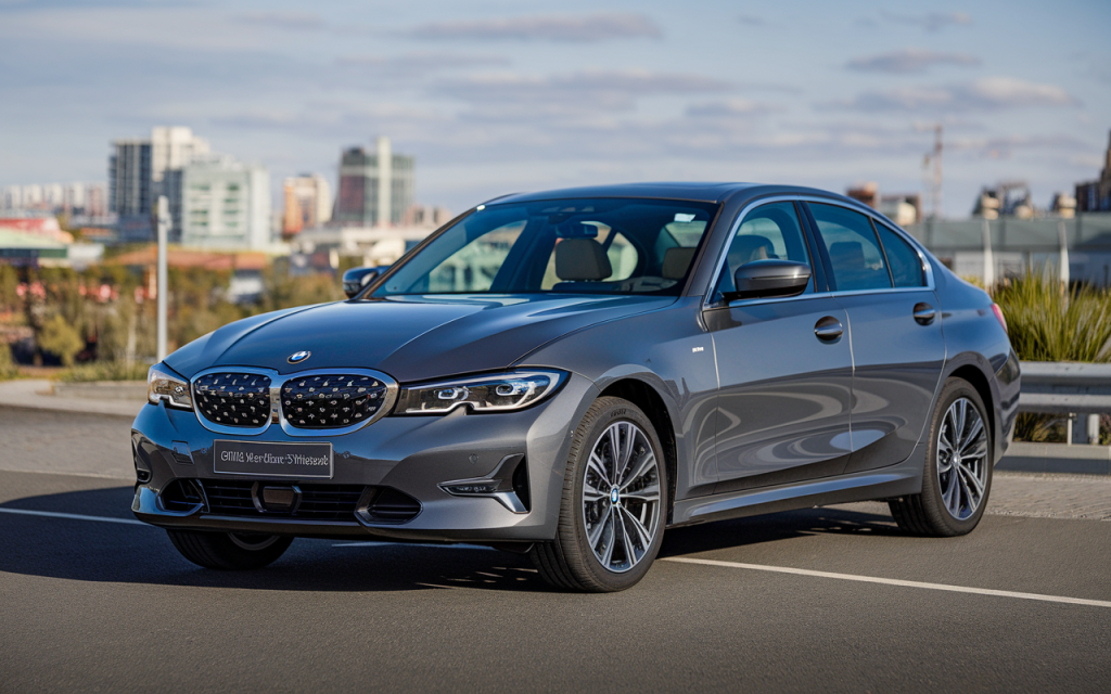 Vue extérieure d'une BMW Série 3 Hybride garée sur une route
