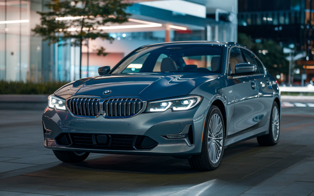 Vue de la BMW Série 3 hybride rechargeable stationnée en extérieur