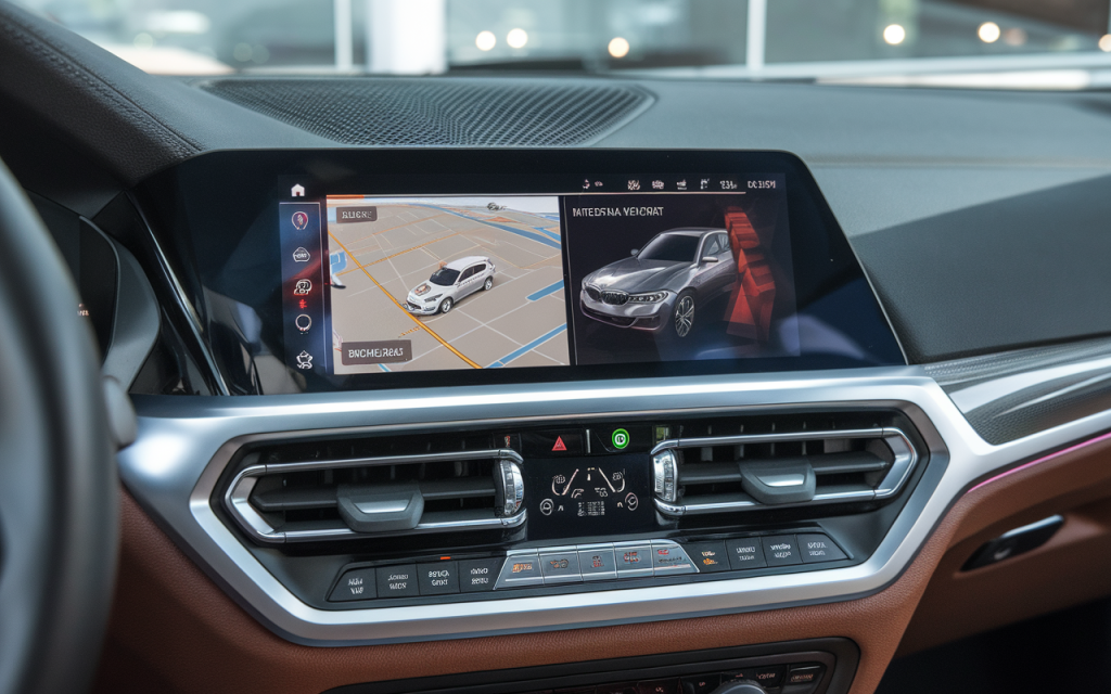 Vue de face d'une BMW Série 3 neuve stationnée sur la route
