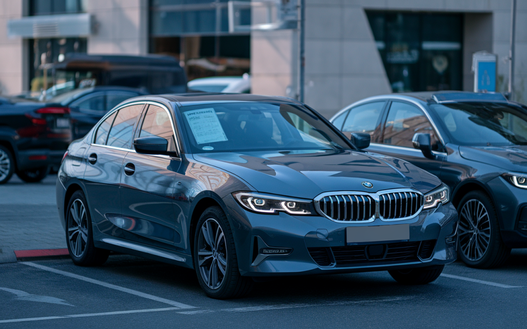 Vue de face d'une BMW Série 3 neuve stationnée sur une route
