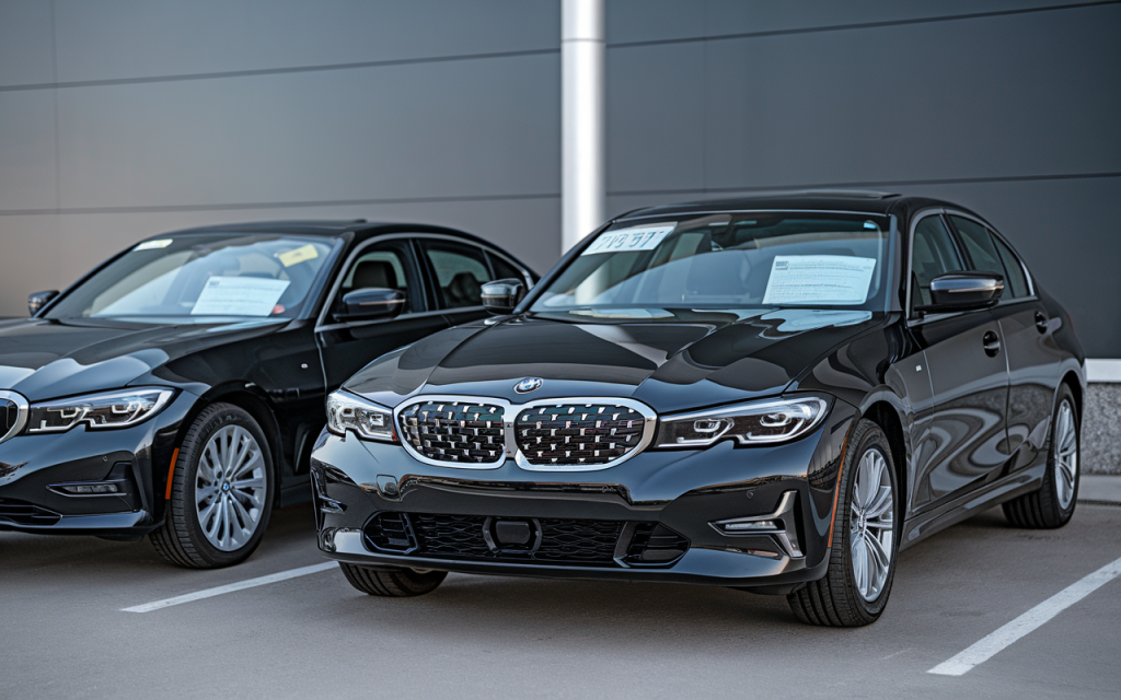 Vue de profil d’une BMW Série 3 garée en extérieur