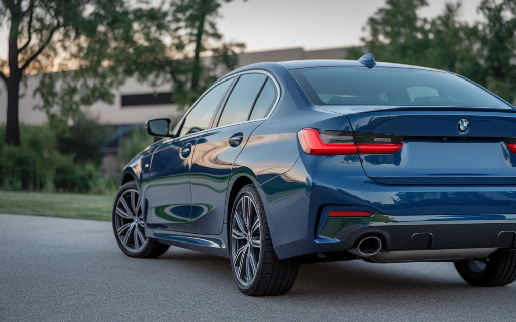 Vue de profil d'une BMW Série 3 Sedan garée en extérieur