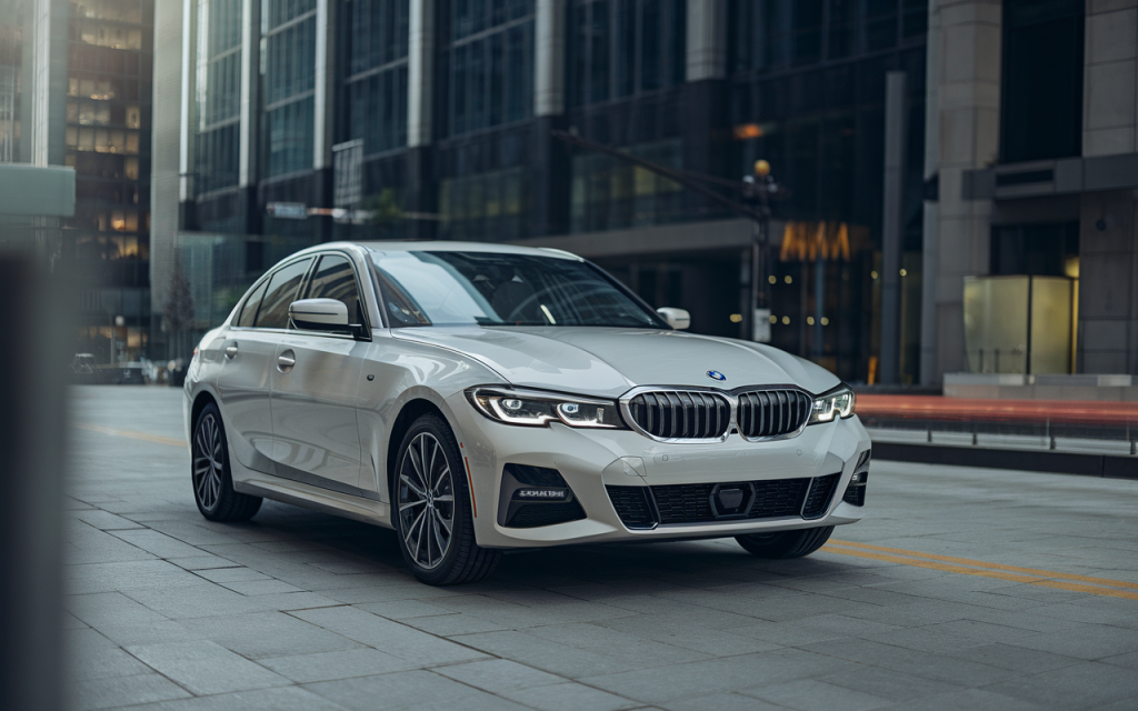 Vue latérale de la BMW Série 3 Sport de couleur noire sur route