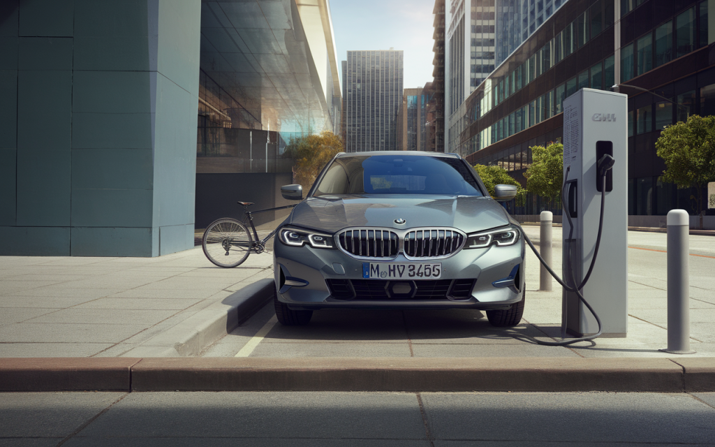 Vue latérale d'une BMW Série 3 Touring hybride stationnée en extérieur