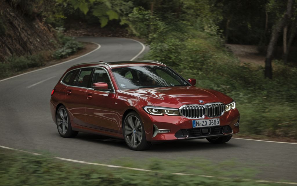 Vue latérale d'une BMW Série 3 Touring moderne, couleur gris métallisé