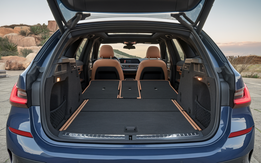 Vue latérale d'une BMW Série 3 Touring stationnée en extérieur