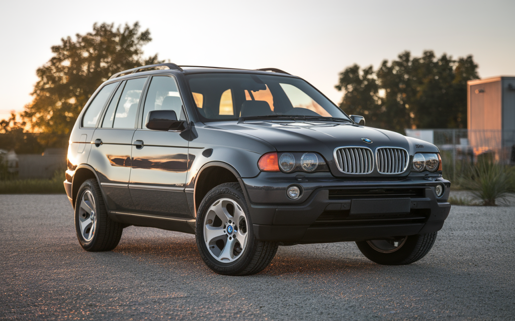 Vue d'une BMW X5 E53 3.0d de couleur noire garée en extérieur
