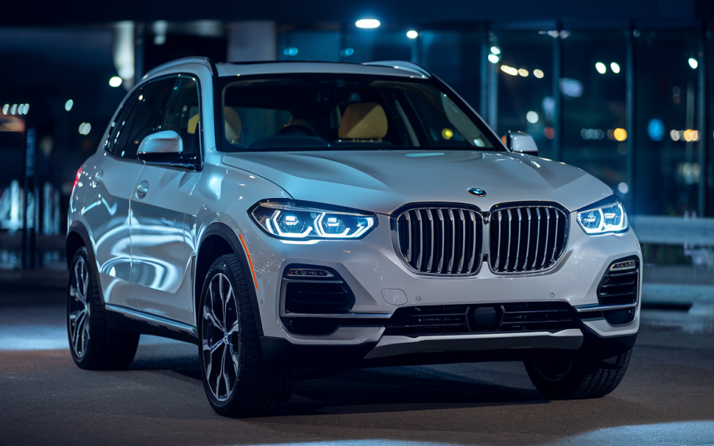 SUV BMW X5 d'occasion gris stationné sur un parking