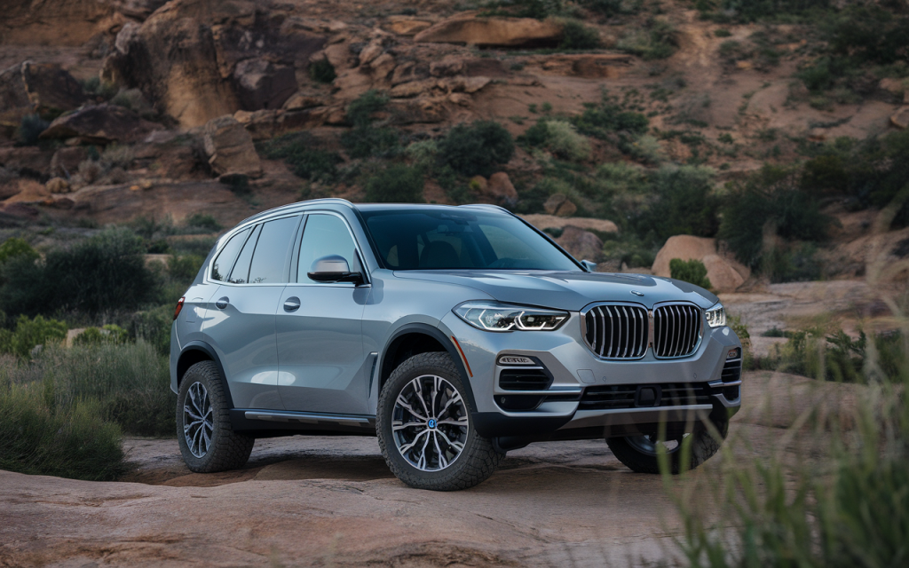 Vue latérale d'un SUV BMW X5 de couleur noire sur route
