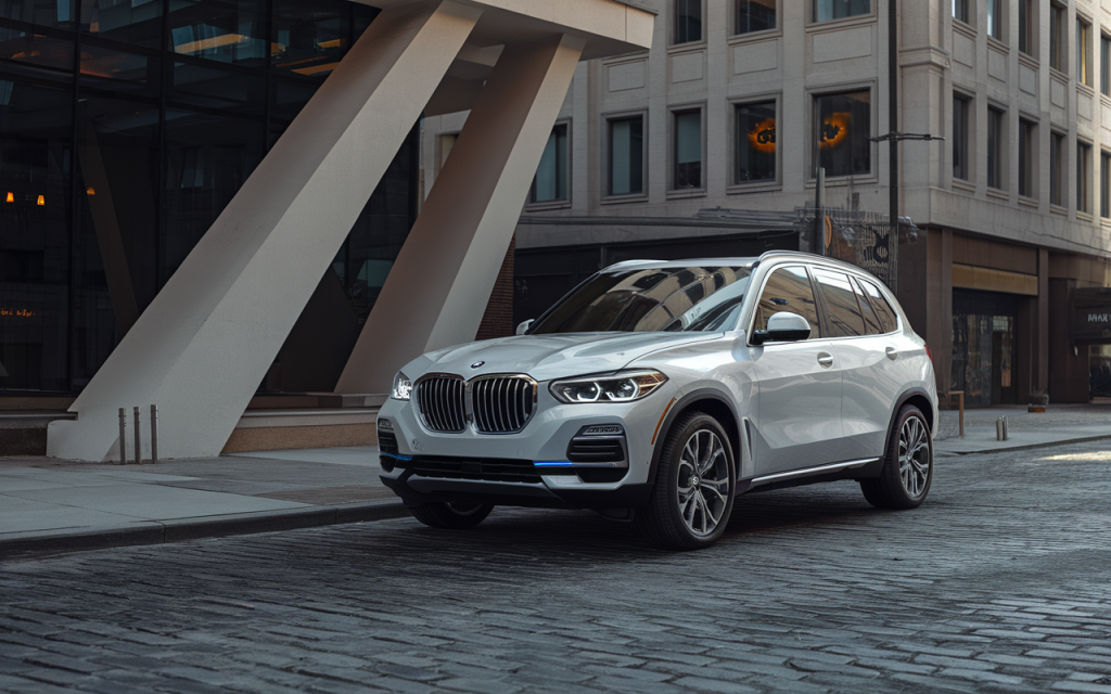 Vue latérale d'une BMW X5 noire garée sur une route panoramique