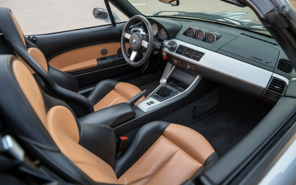 Vue latérale d'une BMW Z1 de couleur rouge avec les portes escamotables ouvertes