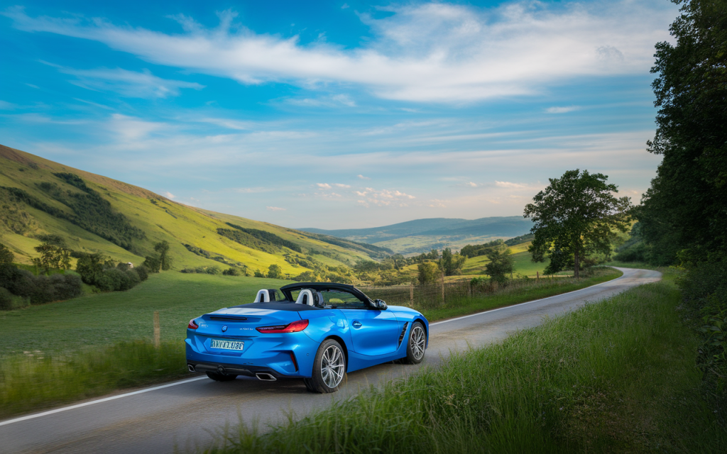 Vue latérale d'une BMW Z4 rouge garée sur une route de montagne
