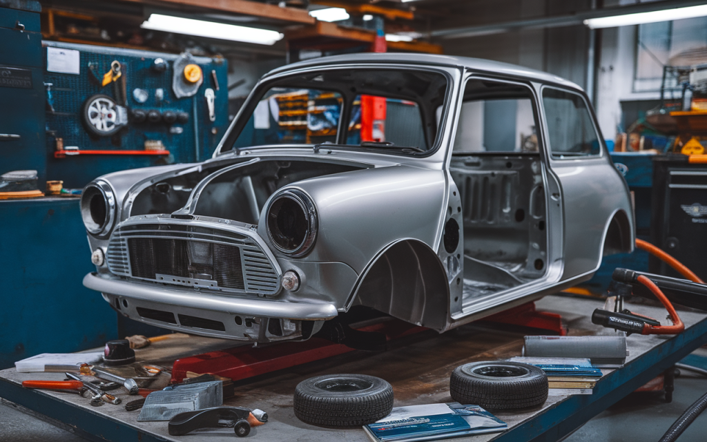 Vue latérale d'une Classic Mini Cooper rouge stationnée dans une rue pavée