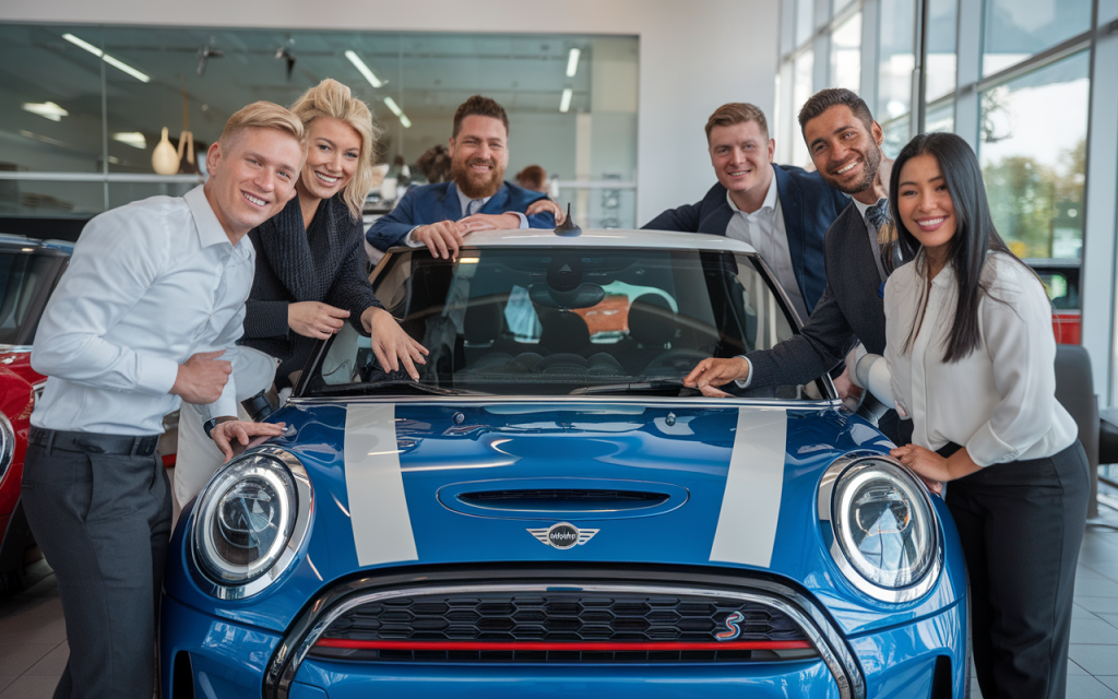 Vue extérieure d’un concessionnaire Mini Cooper avec plusieurs modèles exposés