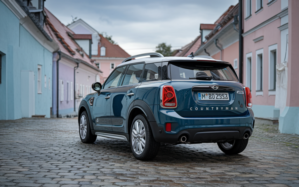 Mini Cooper Countryman stationnée sur une route de campagne