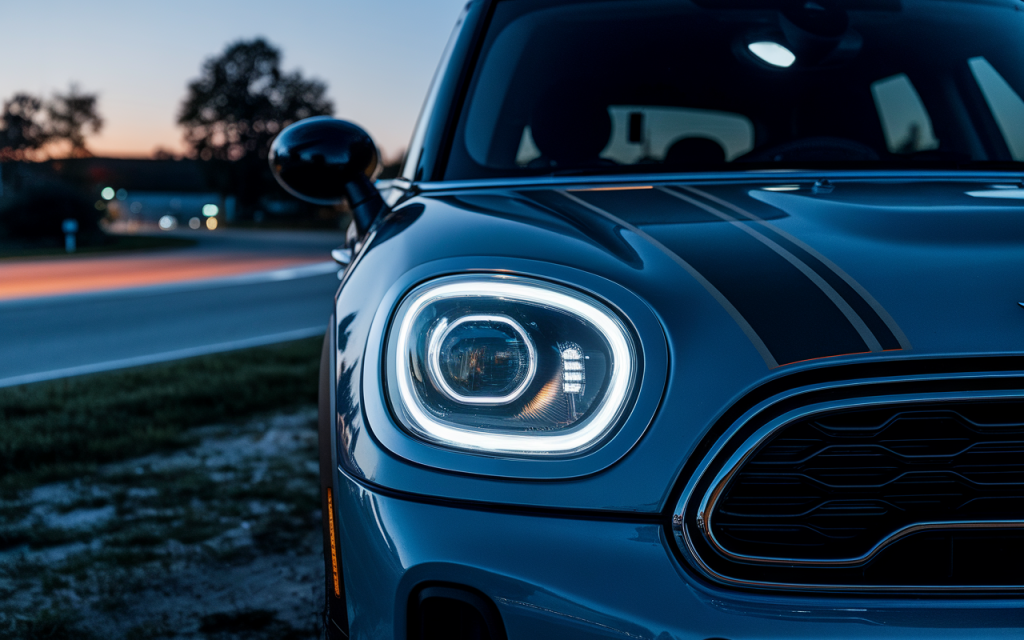 Vue latérale d'une Mini Cooper Countryman stationnée sur une route de campagne
