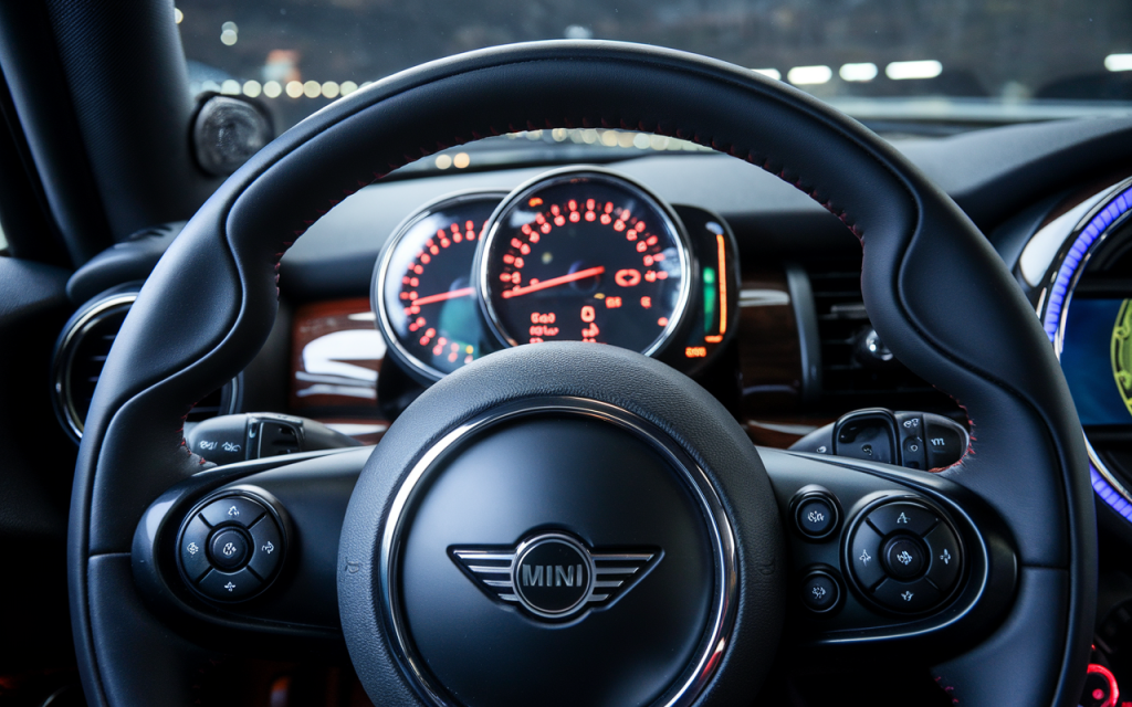 Vue latérale d’une Mini Cooper D stationnée en extérieur