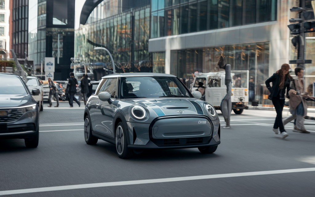 Vue de face d'une Mini Cooper électrique moderne de couleur bleue
