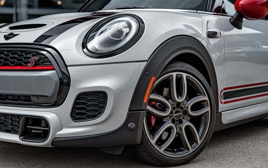 Vue de profil d'une Mini Cooper JCW rouge avec toit noir, garée sur une route de campagne