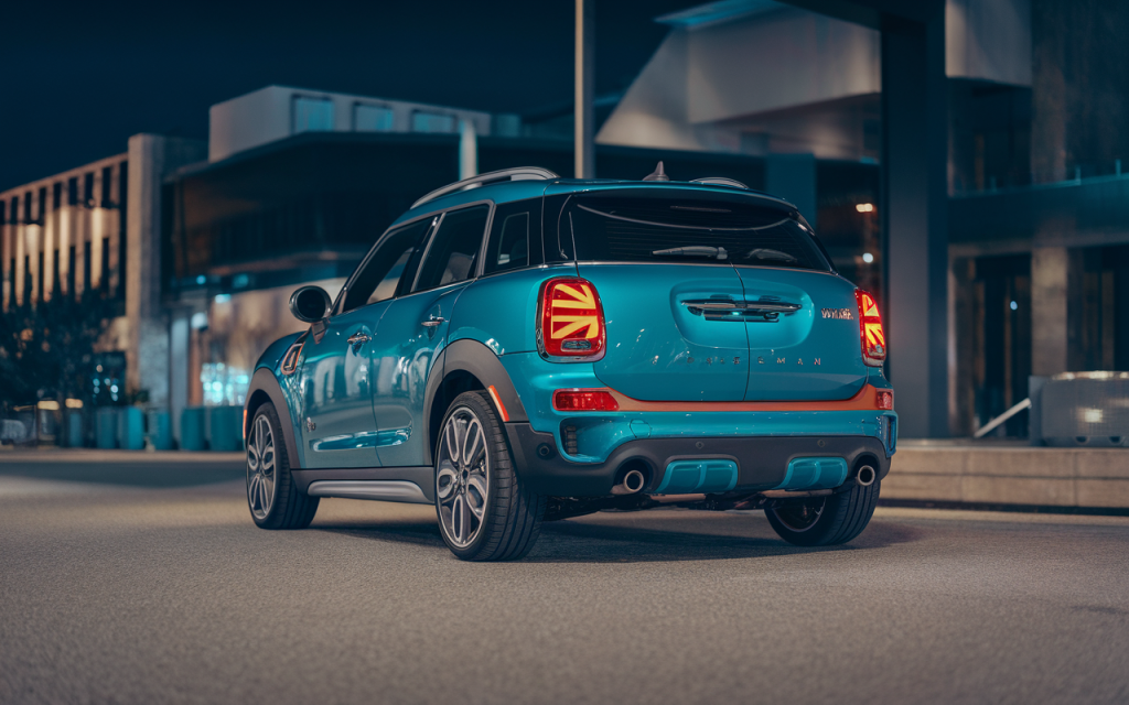 Vue de profil du SUV Mini Cooper Paceman de couleur bleue garé sur une route panoramique