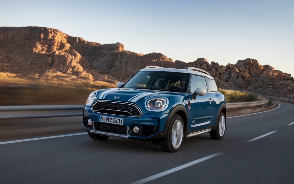 Vue latérale d'un Mini Cooper Paceman SUV de couleur rouge sur une route de campagne