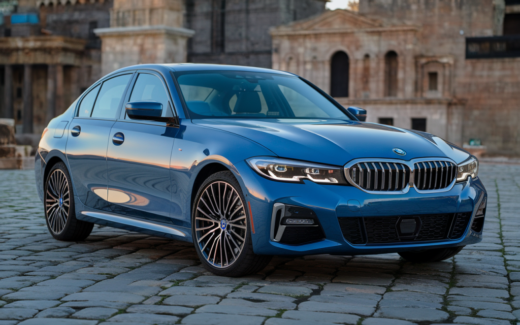 Vue de face de la nouvelle BMW Série 3 sur une route panoramique
