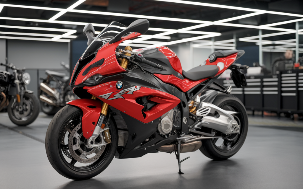 Moto sportive BMW S1000RR de couleur bleue et blanche