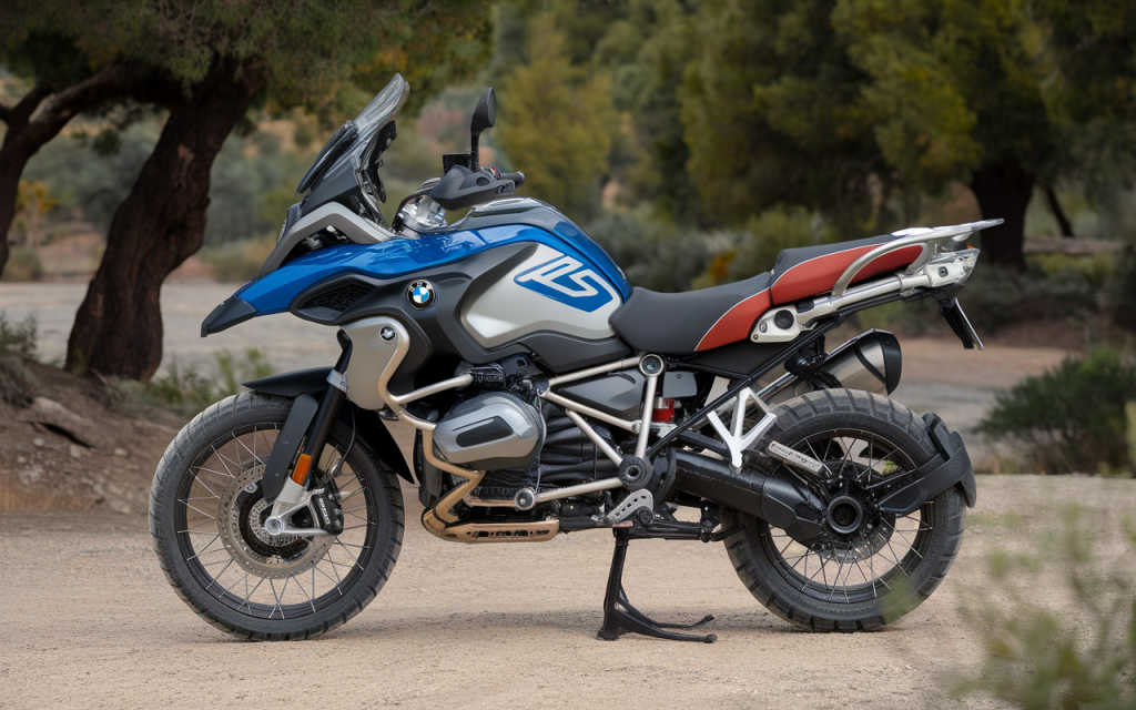 Moto BMW 1200 R GS stationnée sur une route de montagne