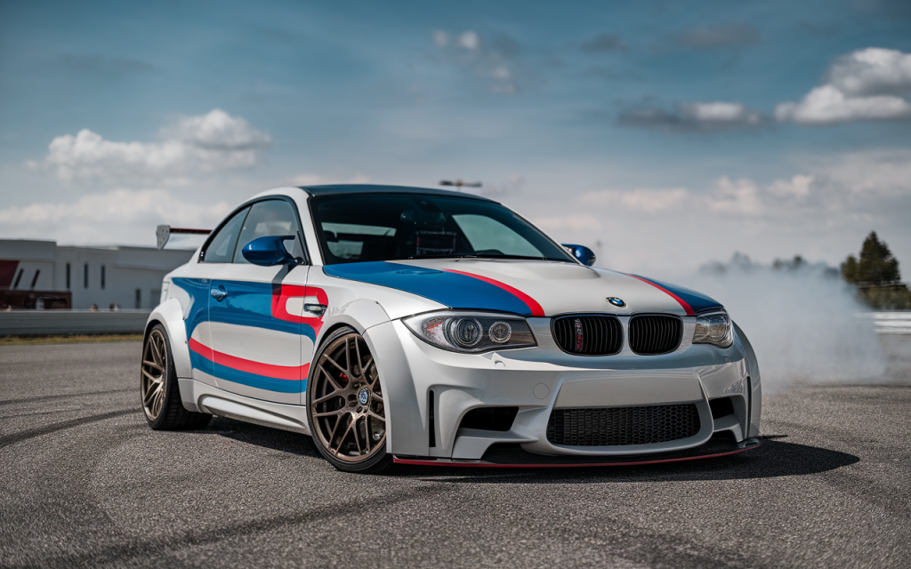 Vue latérale de la BMW 1M Coupé en orange sur route
