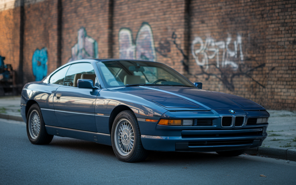 Vue latérale d'une BMW 850i noire garée sur une route de montagne