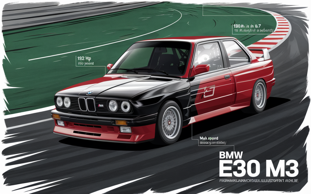 Vue latérale d'une BMW E30 M3 classique de couleur rouge