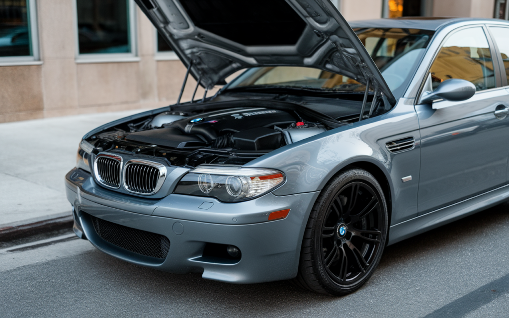 Vue latérale d'une BMW E60 de couleur noire garée en extérieur
