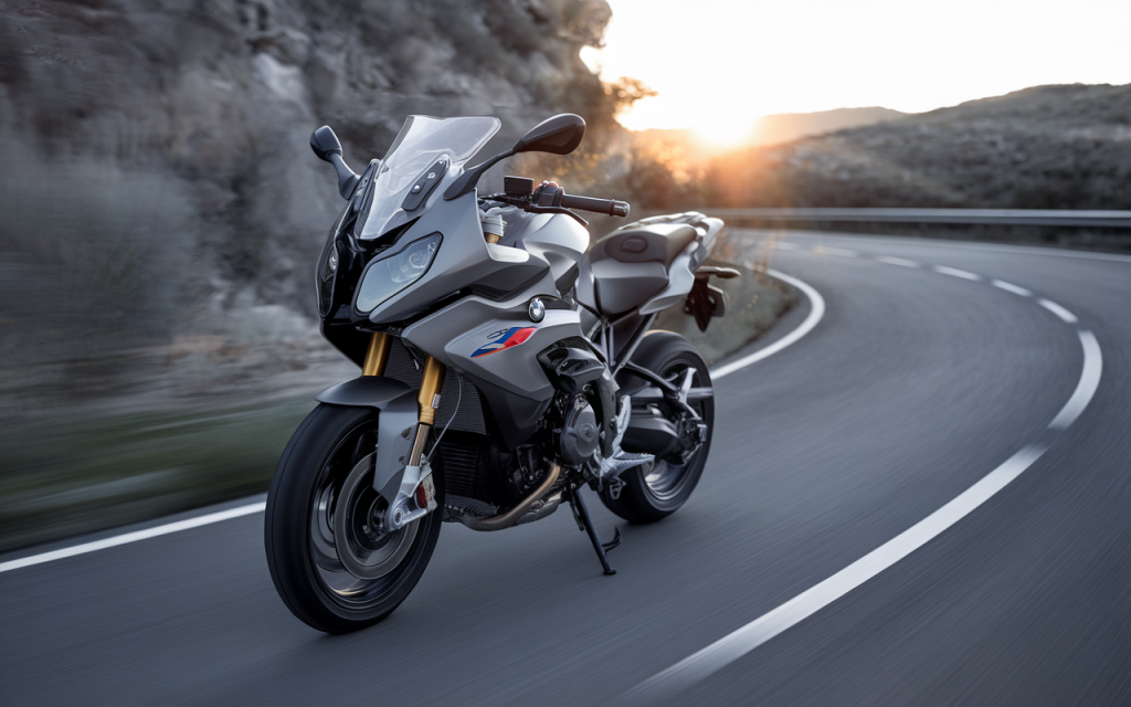 Moto BMW F 900 XR garée sur une route de montagne