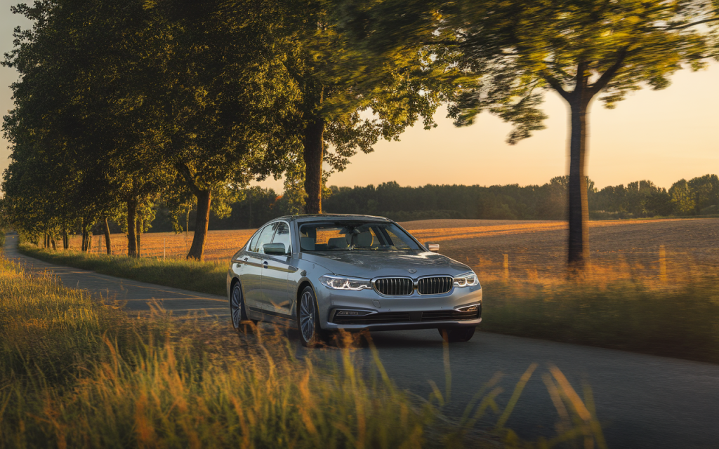 Voiture BMW sur une route au coucher du soleil