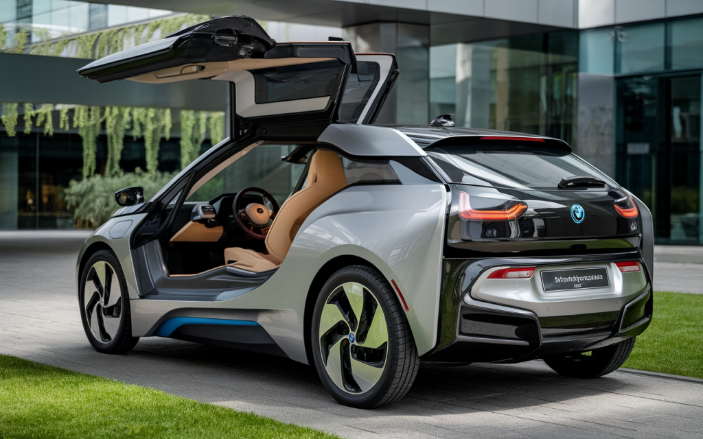 Front view of a BMW i3 electric car parked on a city street