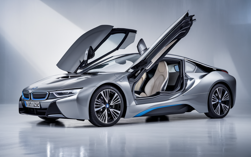 Vue latérale de la BMW i8 automatique stationnée sur une route
