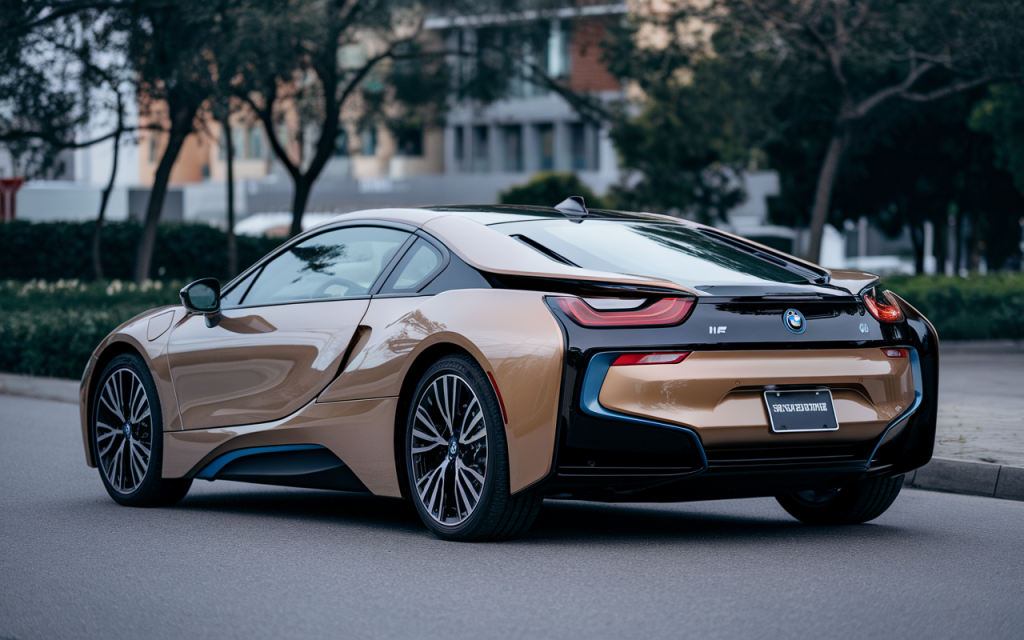 Vue de la BMW i8 garée sur une route panoramique