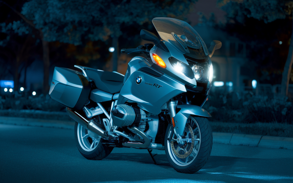 Moto BMW K 1200 RT stationnée sur une route panoramique