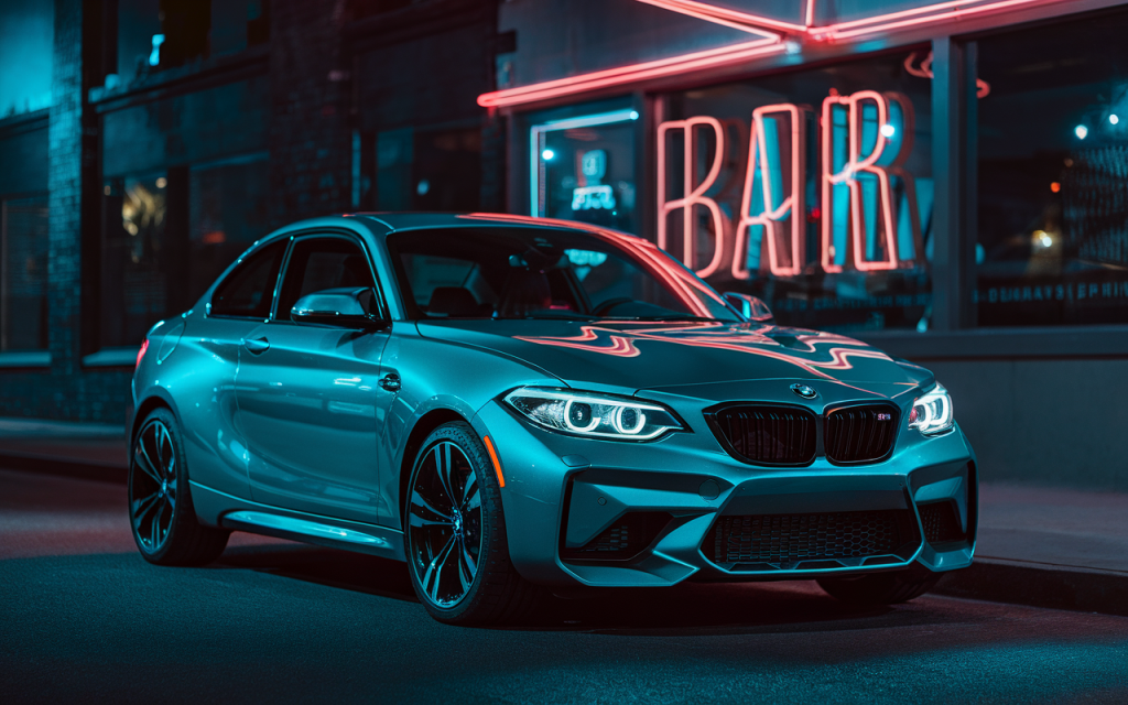 Vue latérale d'une BMW M2 sportive de couleur bleue garée sur une route panoramique