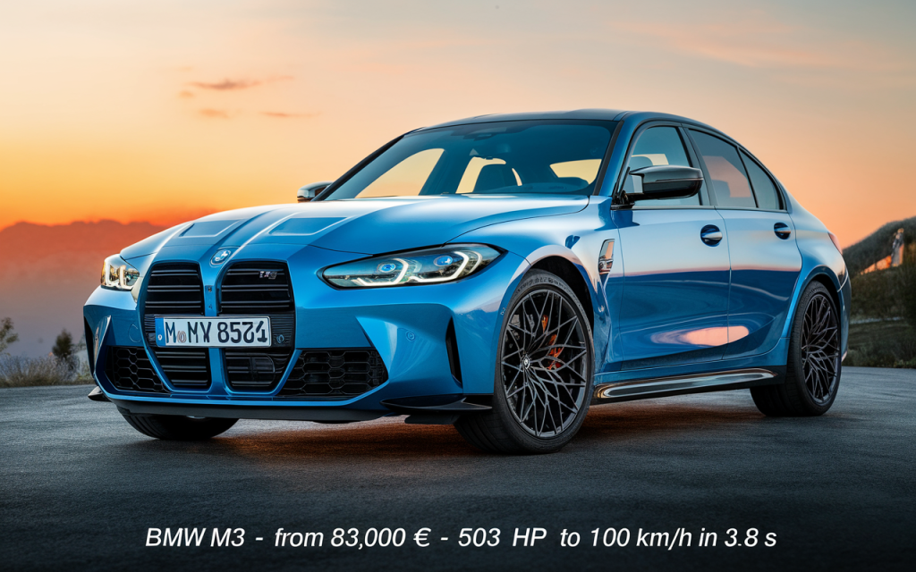 Vue de la BMW M3 avec indication du prix