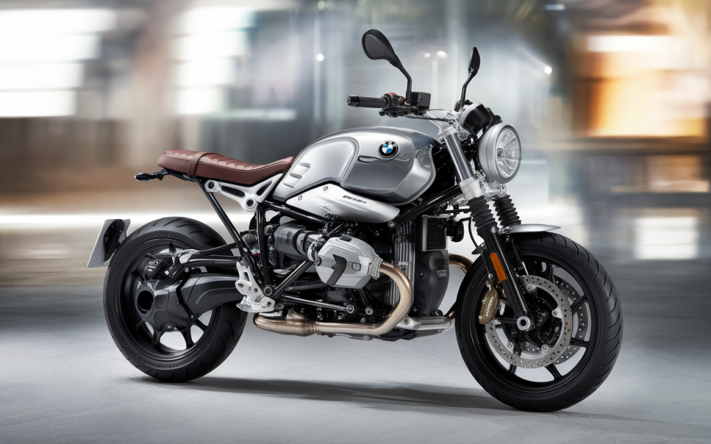 Moto BMW NineT stationnée sur une route de campagne